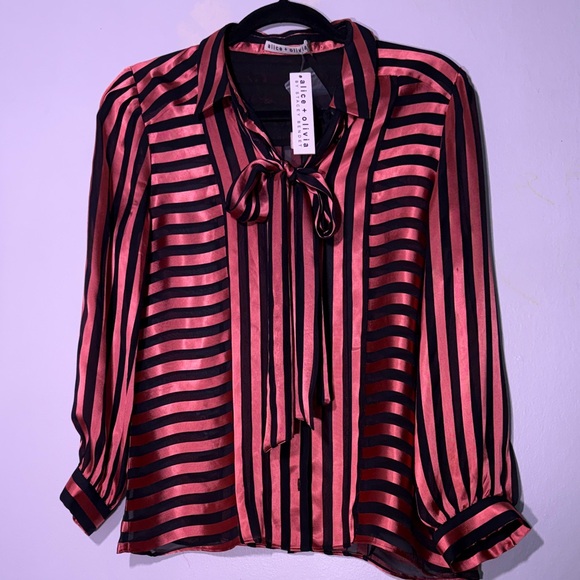 NWT Alice & Olivia Silk Pink and Black Striped Tie-Neck Blouse medium - Picture 5 of 8